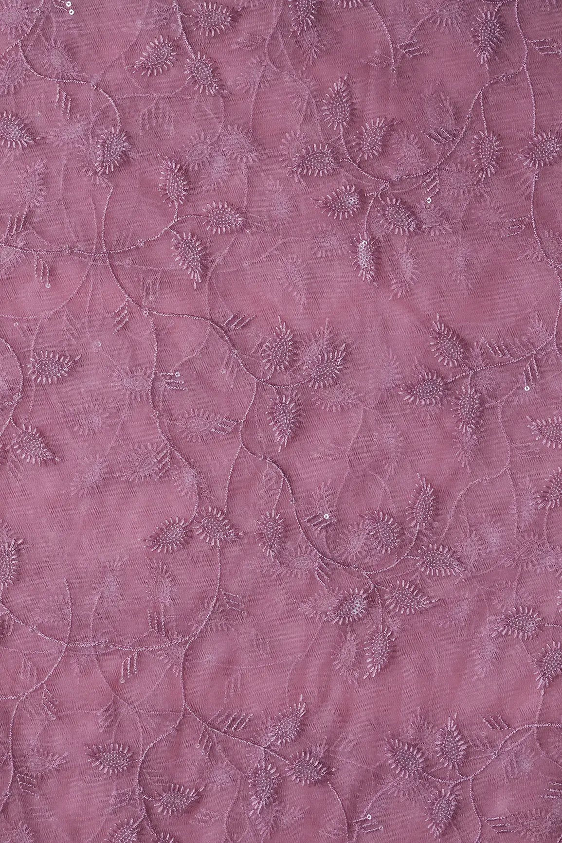 Pink Thread With Water Sequins Leafy Embroidery On Dusty Pink Soft Net Fabric - doeraa