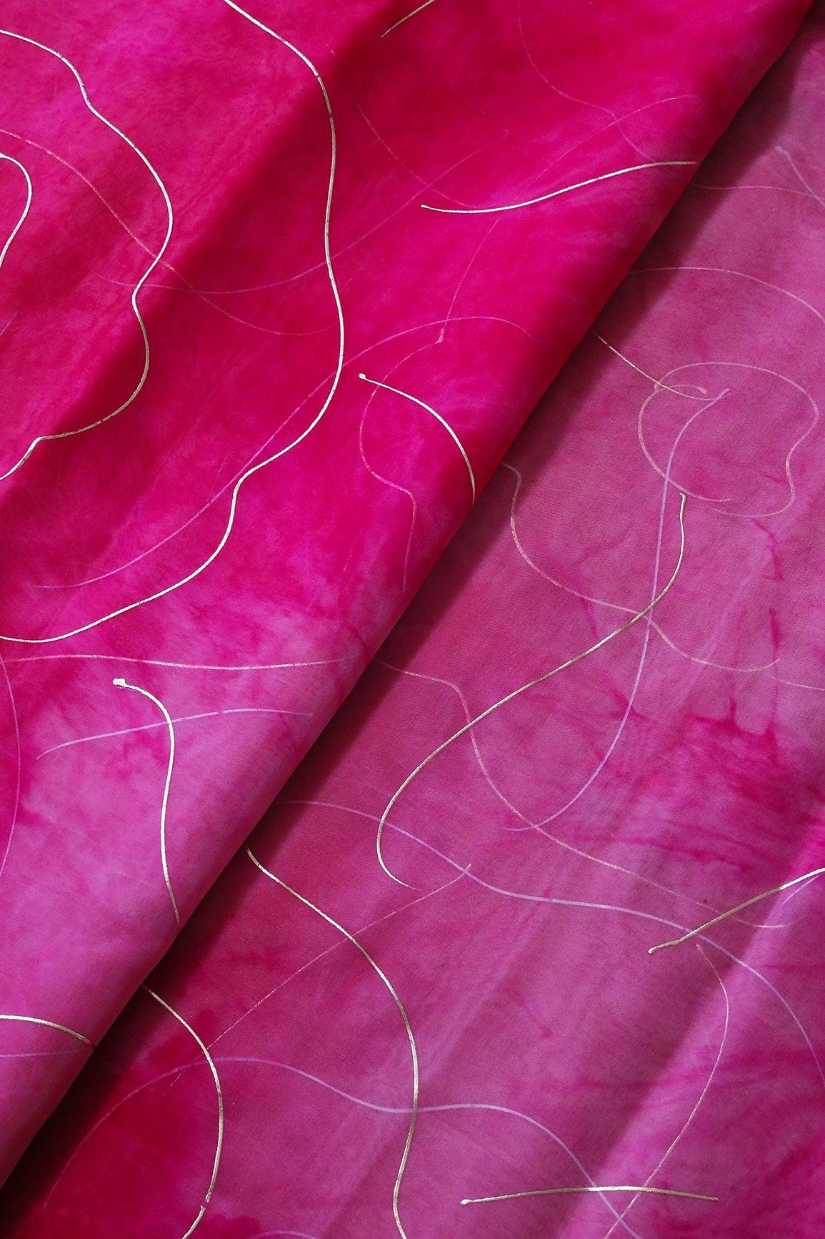 Pink Tie & Dye Shibori Foil Print On Organza Fabric - doeraa