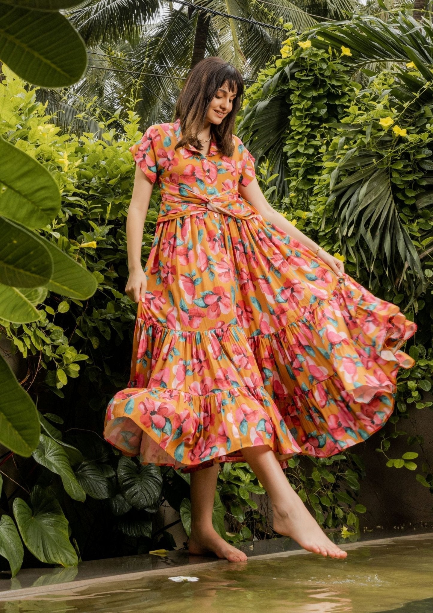 Plumeria Floral Mustard Long Crepe Dress - doeraa