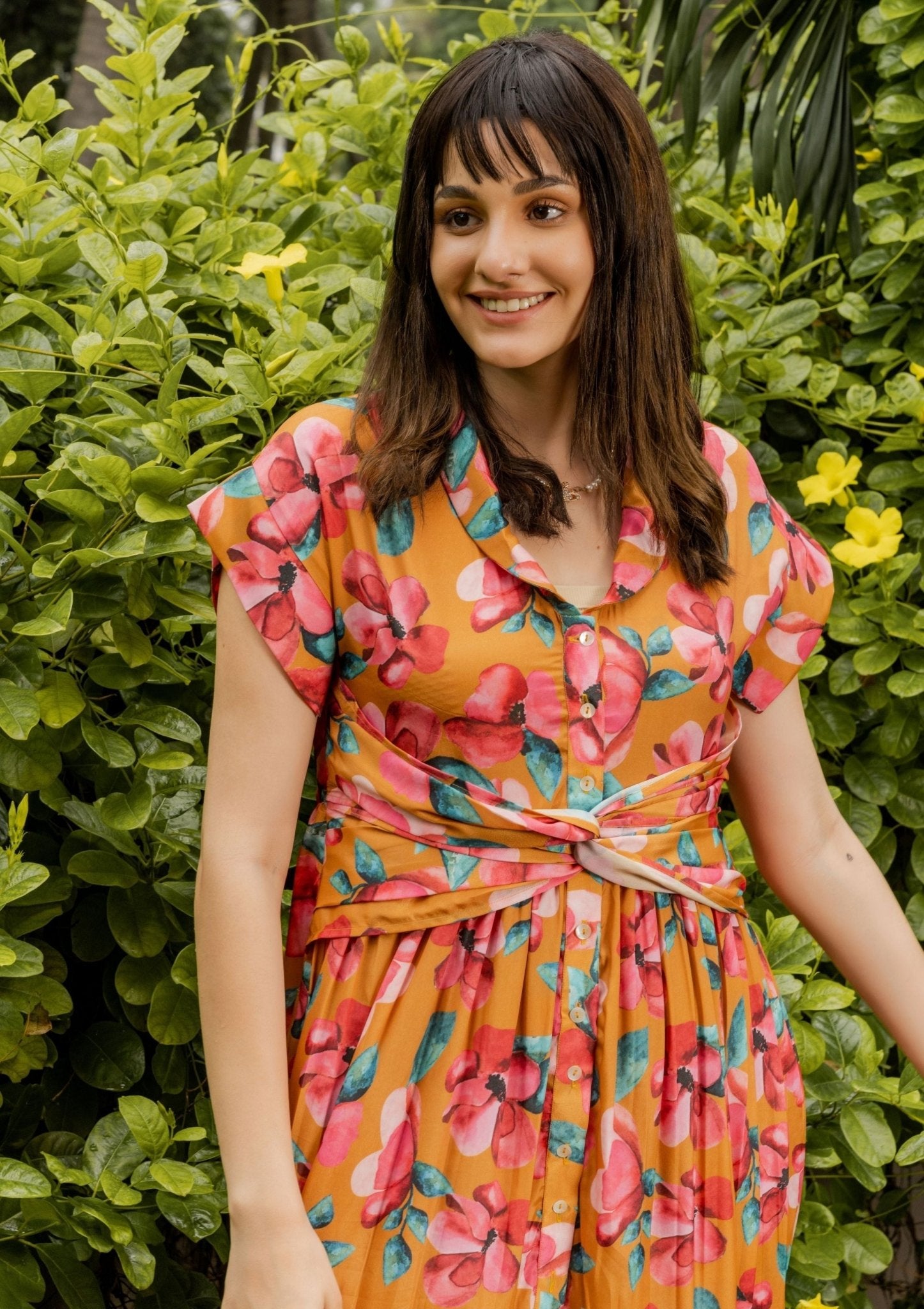 Plumeria Floral Mustard Long Crepe Dress - doeraa