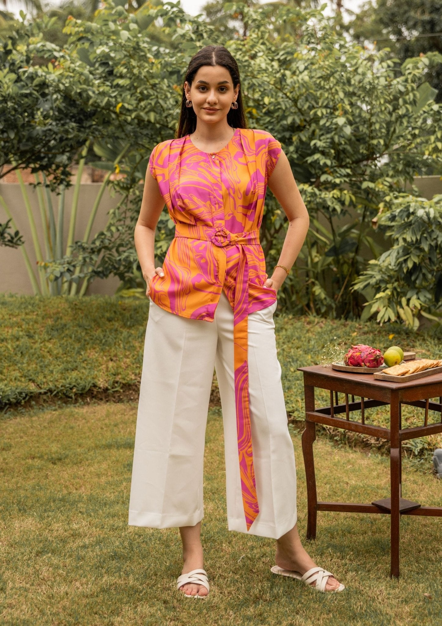 Poppy Pink And Orange Abstract Crepe Top With Belt - doeraa