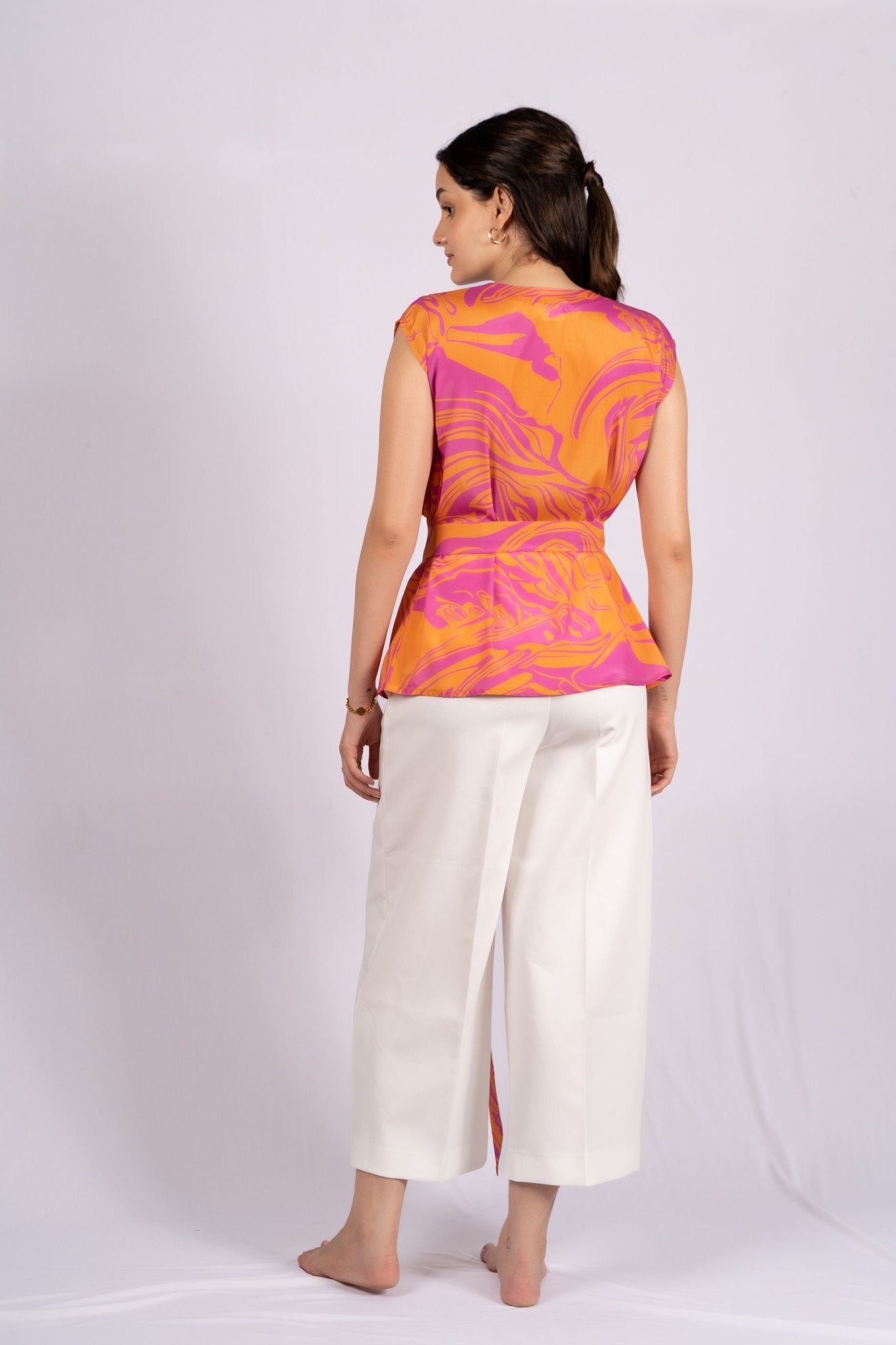 Poppy Pink And Orange Abstract Crepe Top With Belt - doeraa