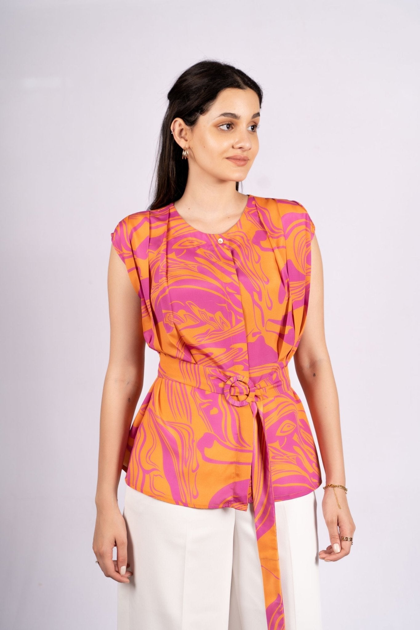 Poppy Pink And Orange Abstract Crepe Top With Belt - doeraa
