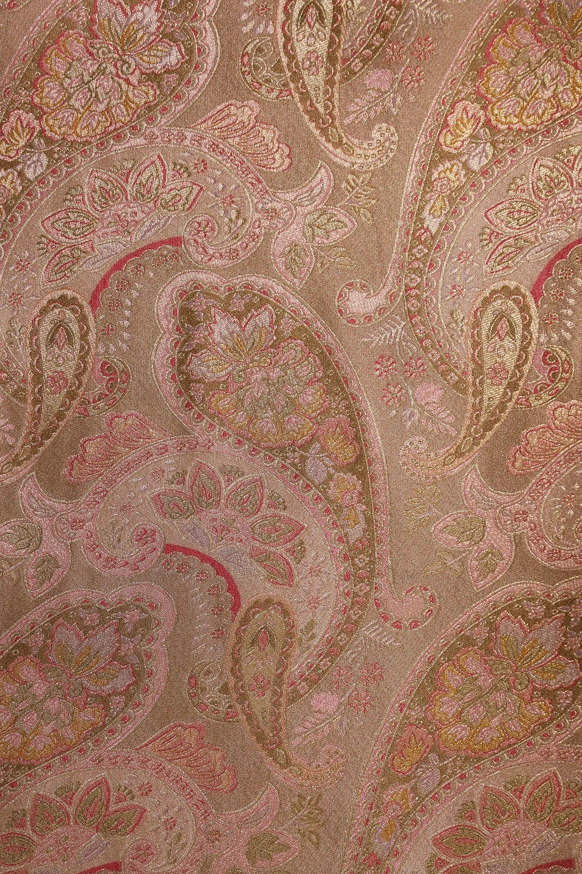 Positional Floral Print On Beige Viscose Dola Satin Silk Jacquard Fabric - doeraa