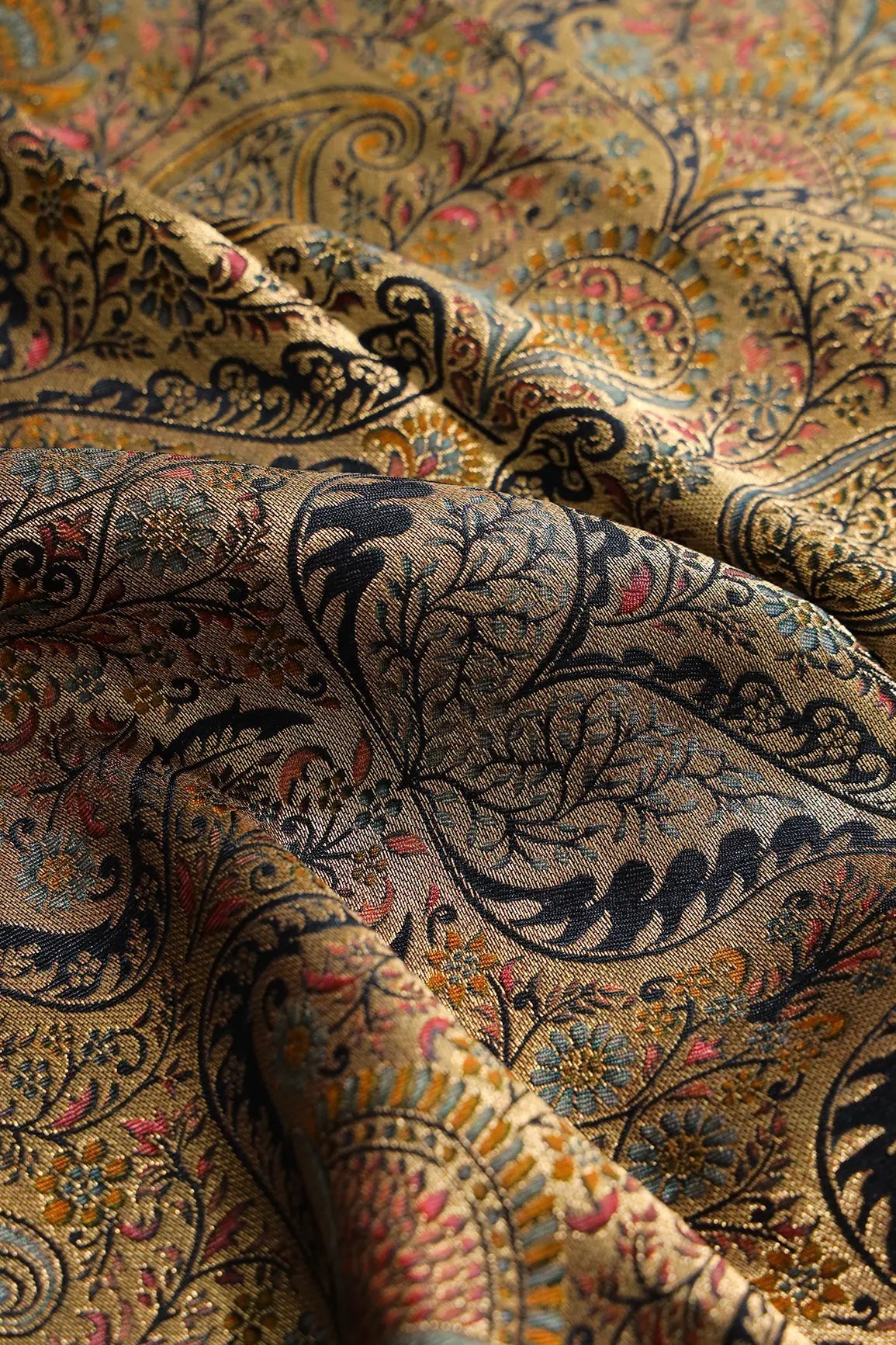 Positional Floral Print On Black Viscose Dola Silk Jacquard Fabric - doeraa