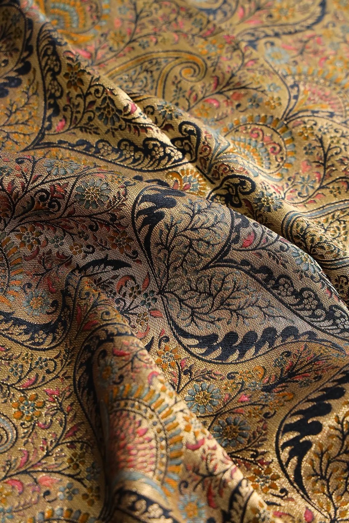 Positional Floral Print On Black Viscose Dola Silk Jacquard Fabric - doeraa