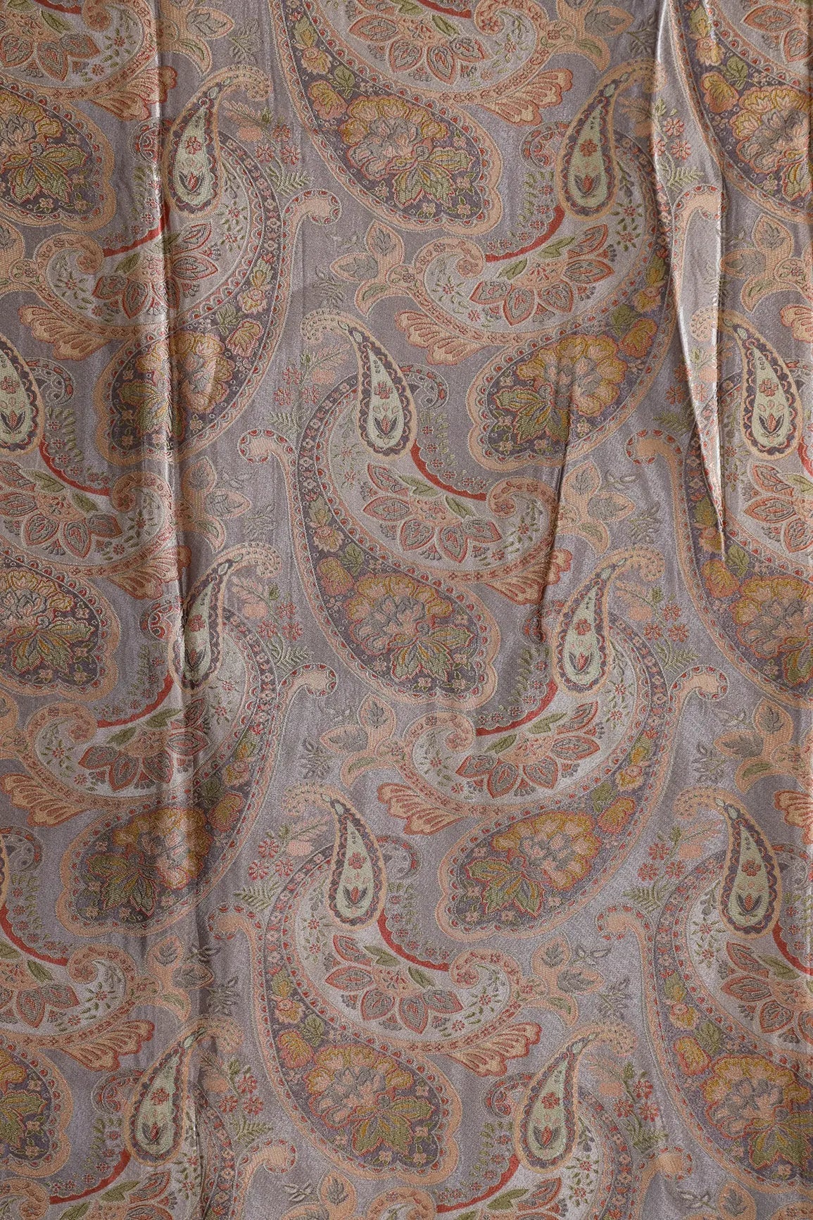 Positional Floral Print On Grey Viscose Dola Satin Silk Jacquard Fabric - doeraa