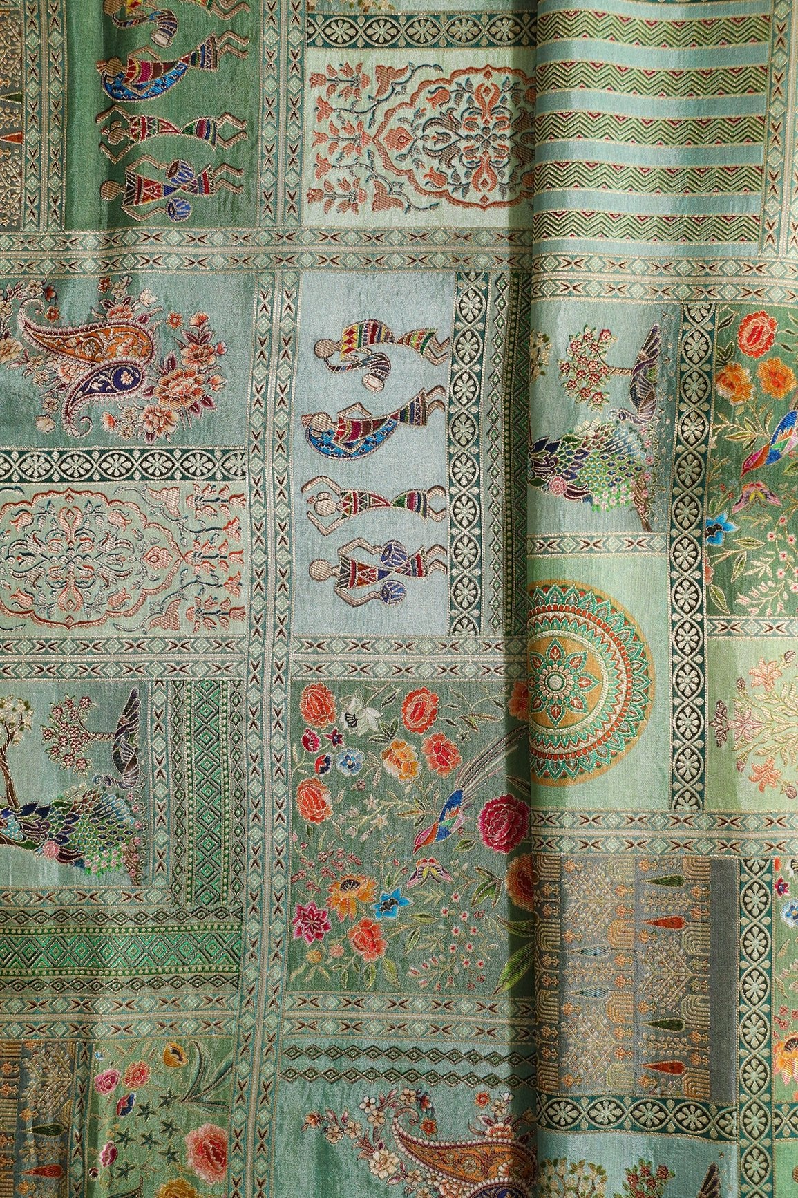 Positional Floral Print On Pastel Olive Viscose Dola Silk Jacquard Fabric - doeraa