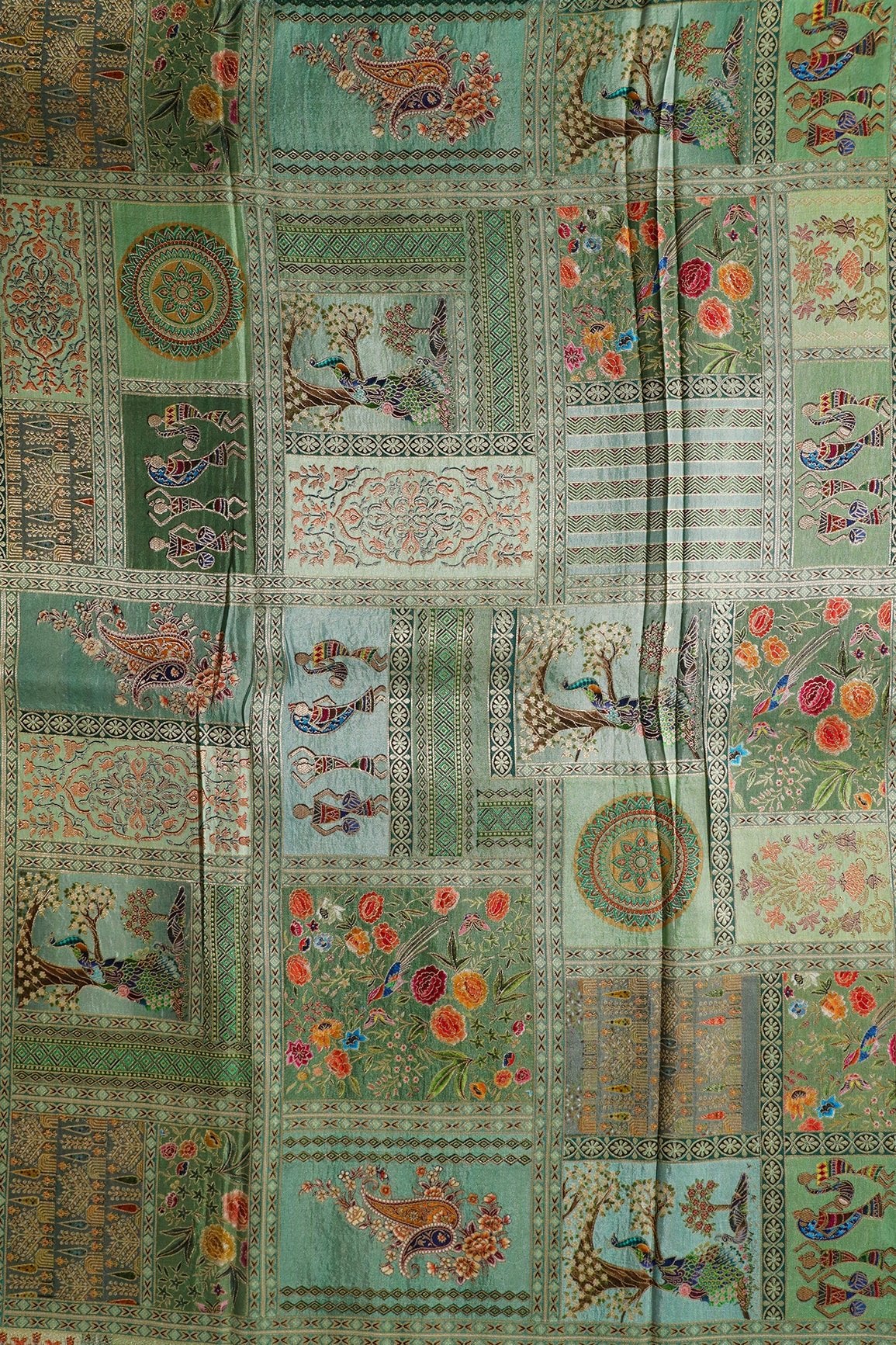 Positional Floral Print On Pastel Olive Viscose Dola Silk Jacquard Fabric - doeraa