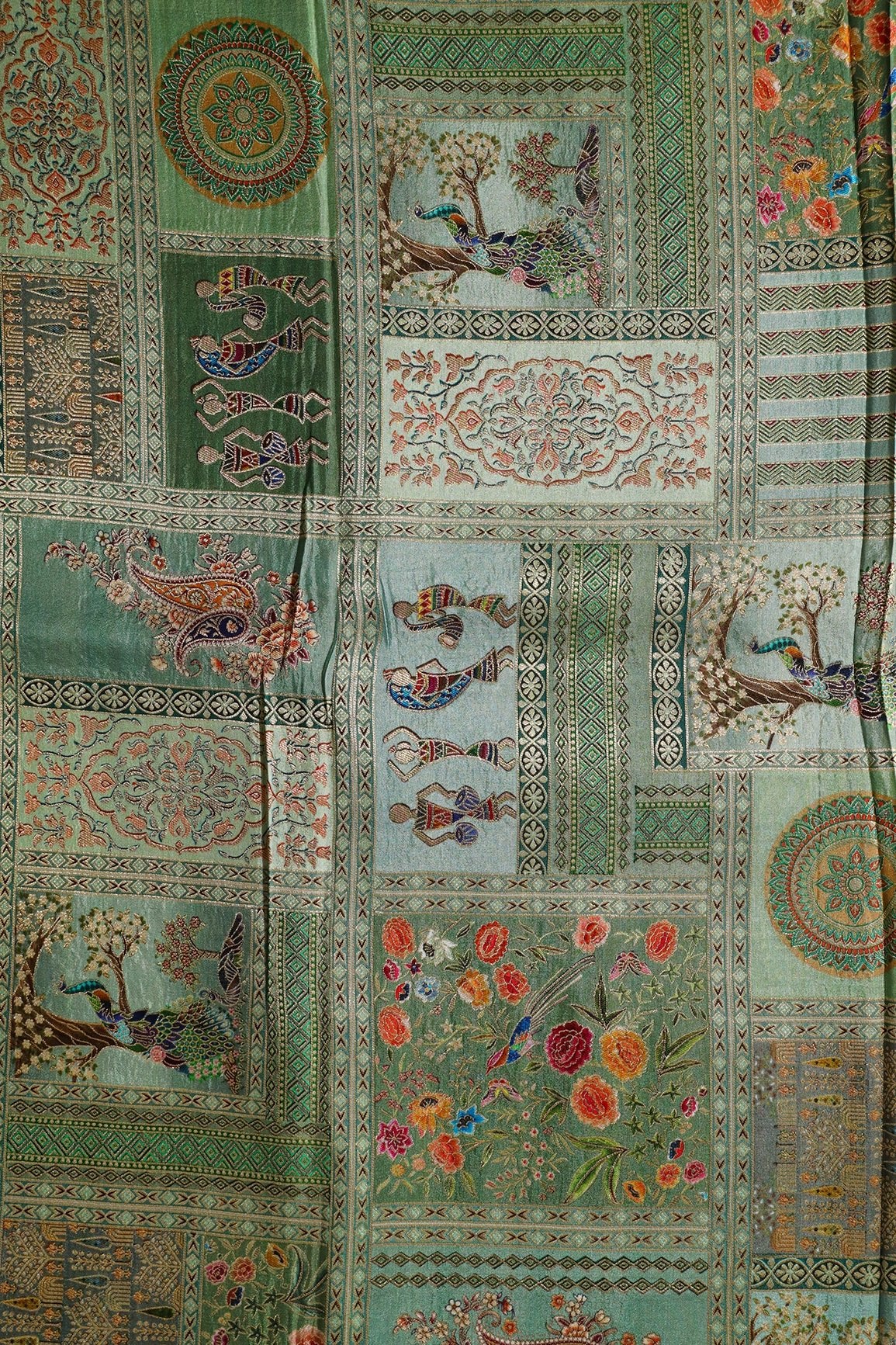 Positional Floral Print On Pastel Olive Viscose Dola Silk Jacquard Fabric - doeraa