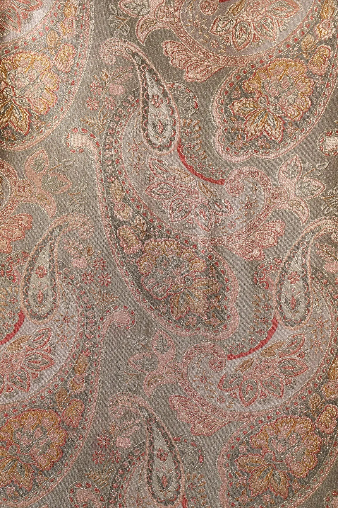 Positional Floral Print On Pastel Olive Viscose Dola Silk Jacquard Fabric - doeraa