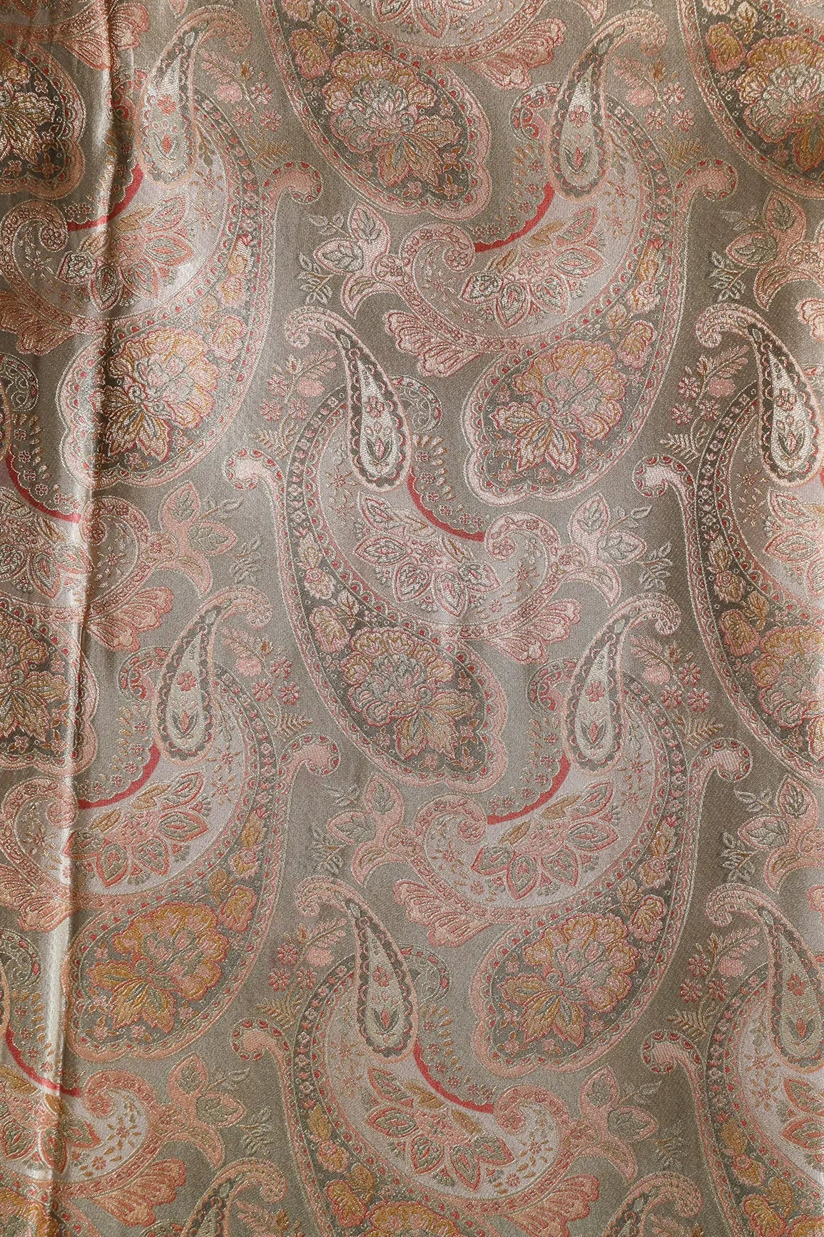 Positional Floral Print On Pastel Olive Viscose Dola Silk Jacquard Fabric - doeraa