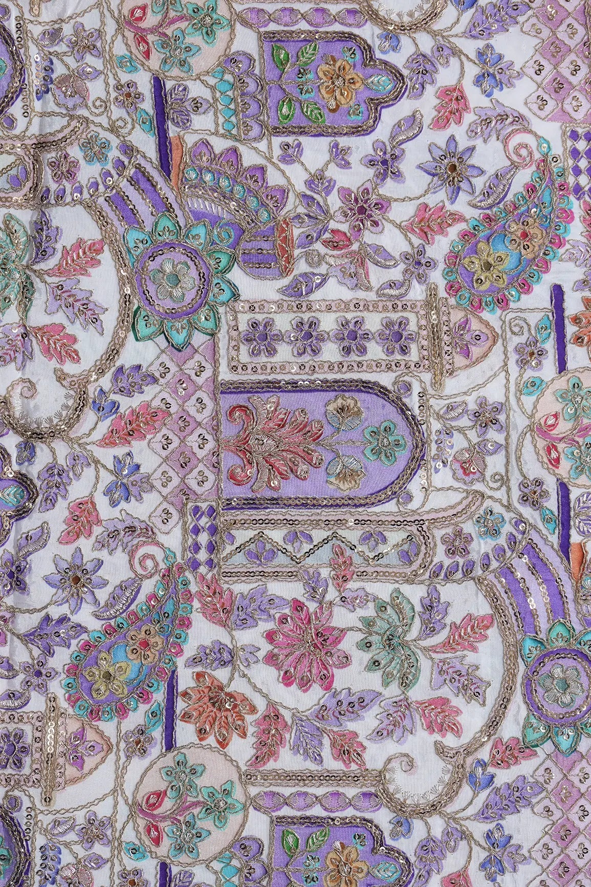 Positional Print with Zari And Sequins Floral Embroidery Work On White Pure Crepe Fabric - doeraa