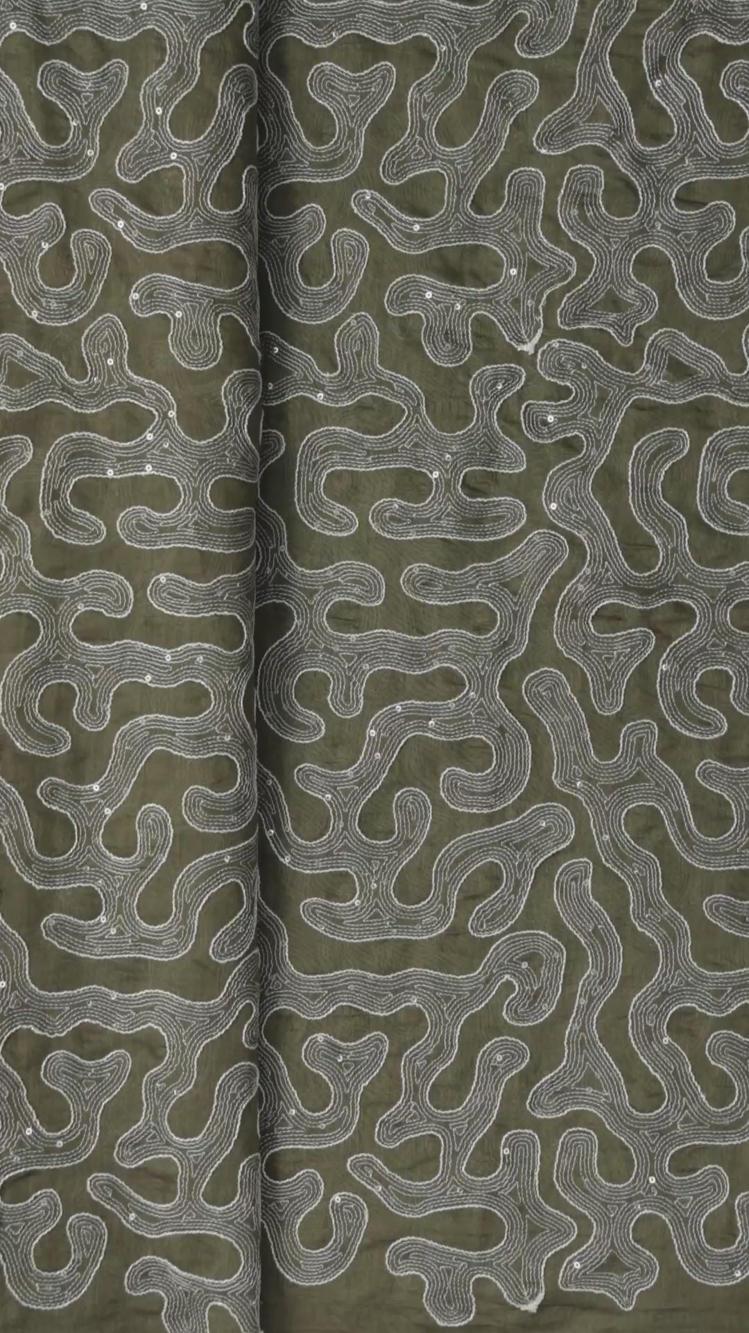 Water Sequins With Thread Appealing Abstract Embroidery On Dark Olive Pure Mul Chanderi Silk Fabric