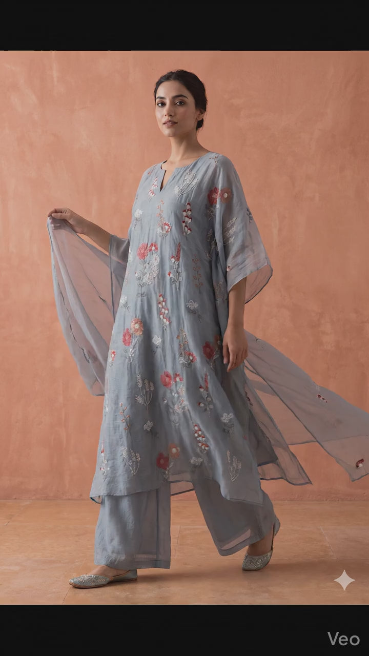 Beautiful Multi Thread With Gold Sequins Floral Embroidery Work On Tempered Grey Pure Mul Chanderi Silk Fabric