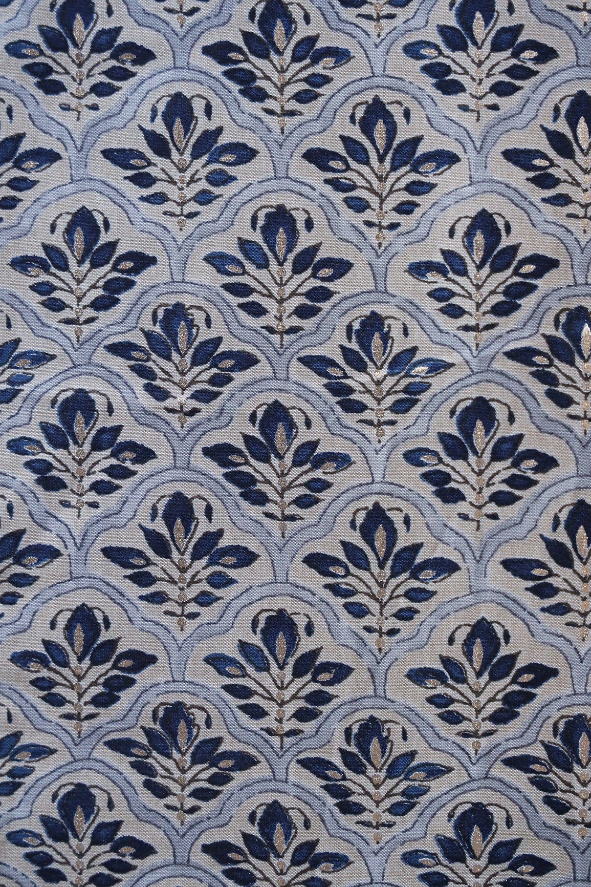 doeraa Prints 1 Meter Cut Piece Of Grey And Blue Trellis Pattern Foil Screen Print On Chanderi Silk Fabric
