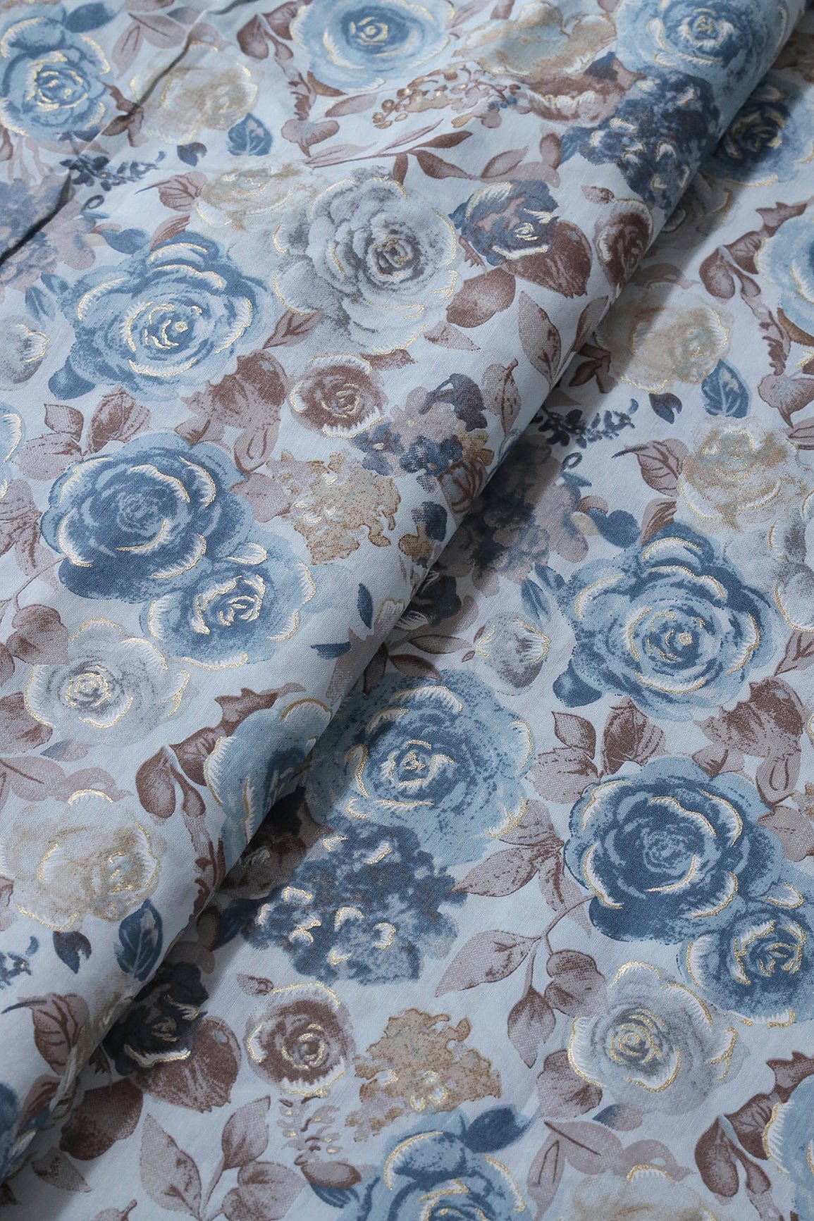 doeraa Prints Blue And Brown Floral Foil Print On Pastel Blue Viscose Chanderi Silk Fabric