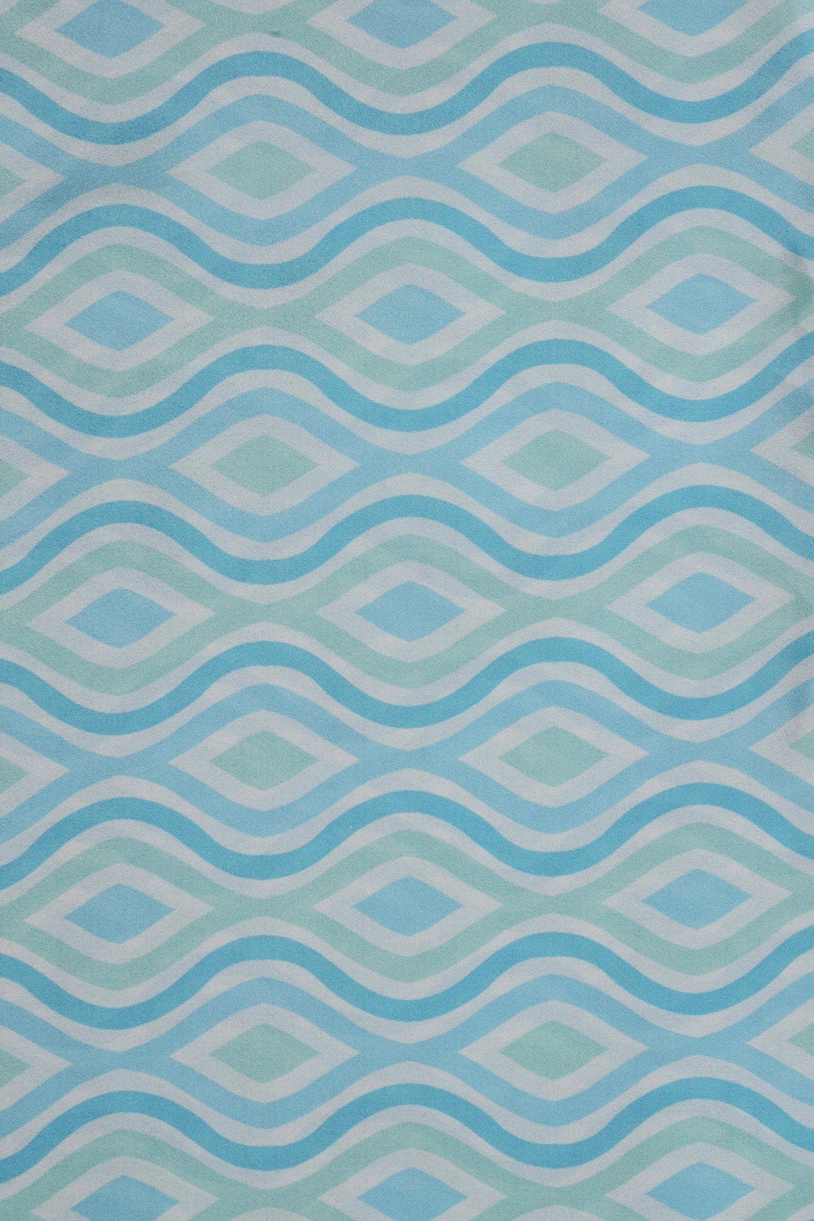 doeraa Prints Blue And Mint Green Ikat Pattern Digital Print On white French Crepe Fabric