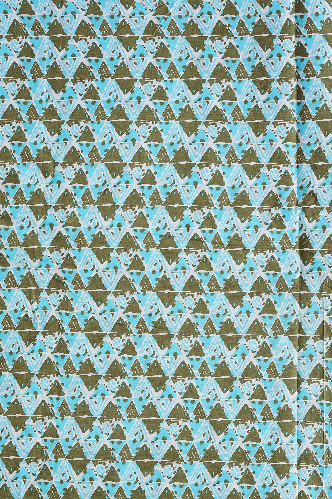 doeraa Prints Dark Olive And Sky Blue Geometric Pattern Print On White Pure Cotton Fabric