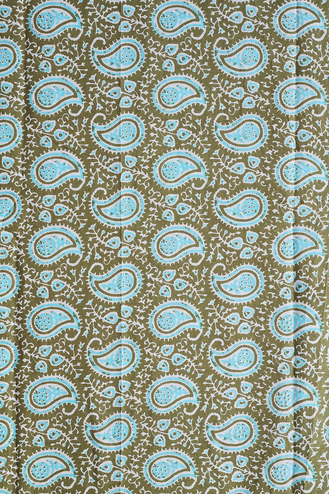 doeraa Prints Dark Olive And Sky Blue Paisley Pattern Print On Pure Cotton Fabric