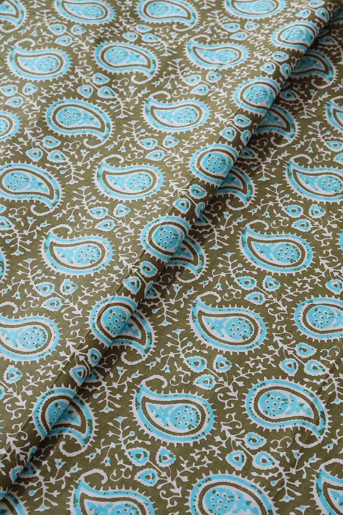 doeraa Prints Dark Olive And Sky Blue Paisley Pattern Print On Pure Cotton Fabric