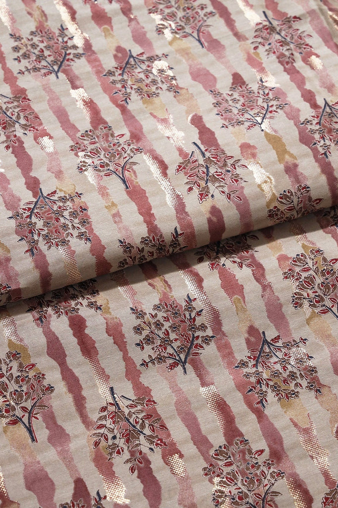 doeraa Prints Dusty Pink And Light Beige Foil Floral Print On Viscose Chanderi Silk Fabric