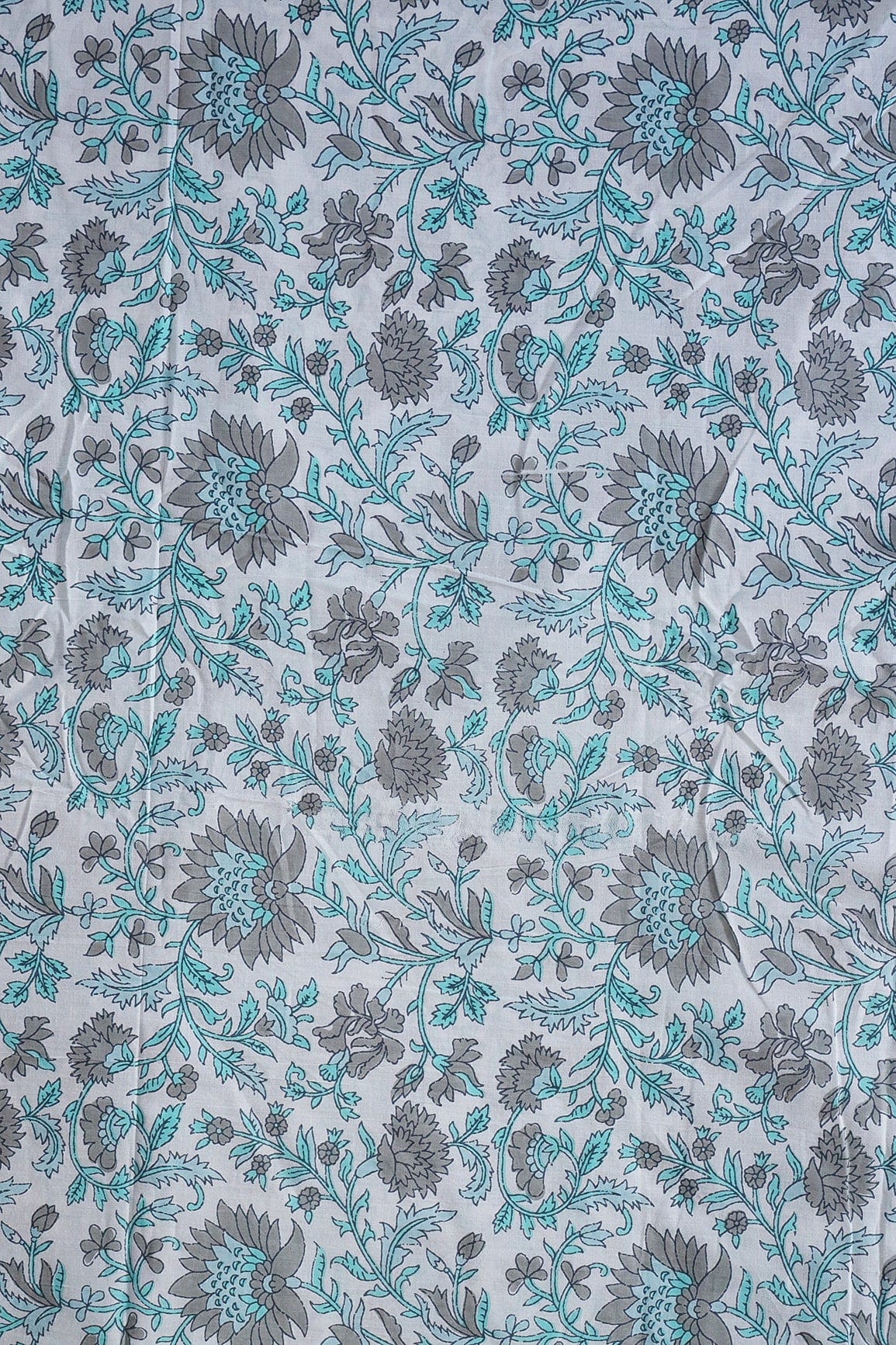 doeraa Prints Grey And light Teal Floral Pattern Print On White Pure Cotton Fabric
