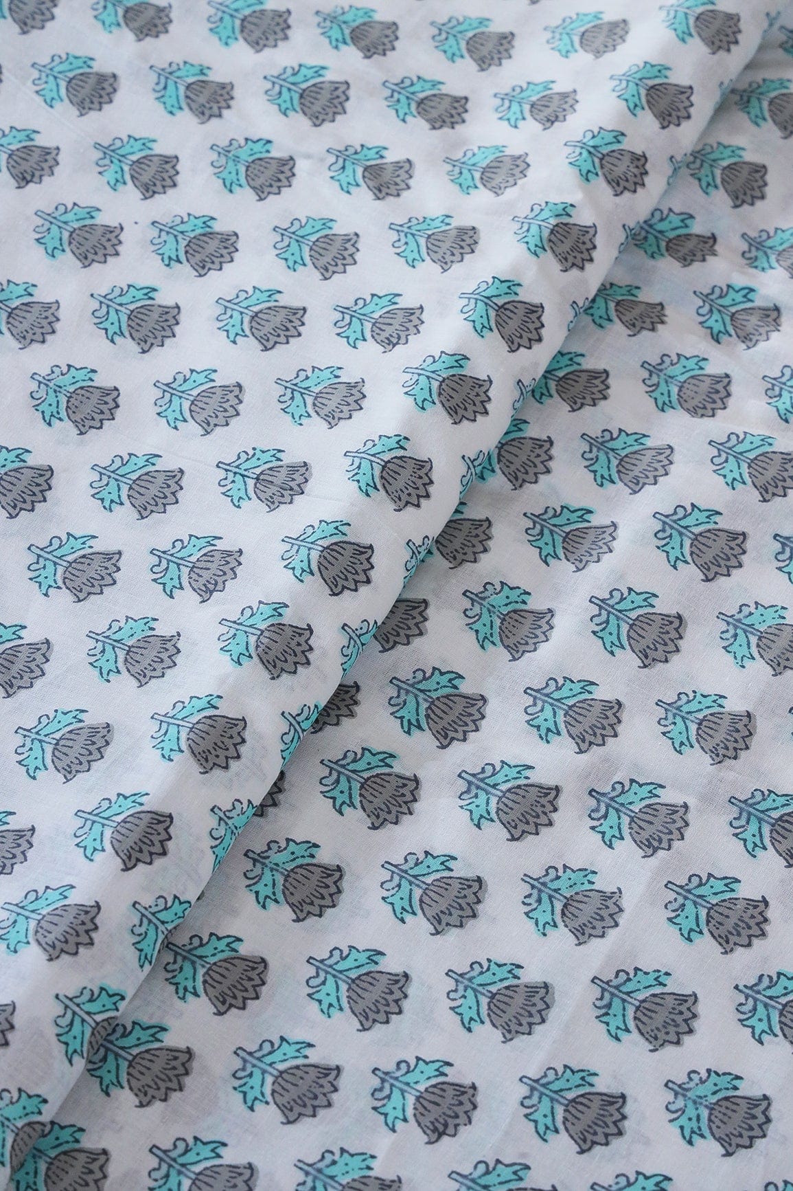 doeraa Prints Grey And light Teal Floral Pattern Print On White Pure Cotton Fabric