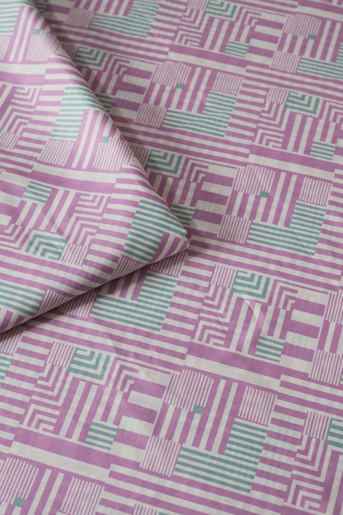 doeraa Prints Light Purple And Pastel Green Geometric Pattern Digital Print On Off White French Crepe Fabric