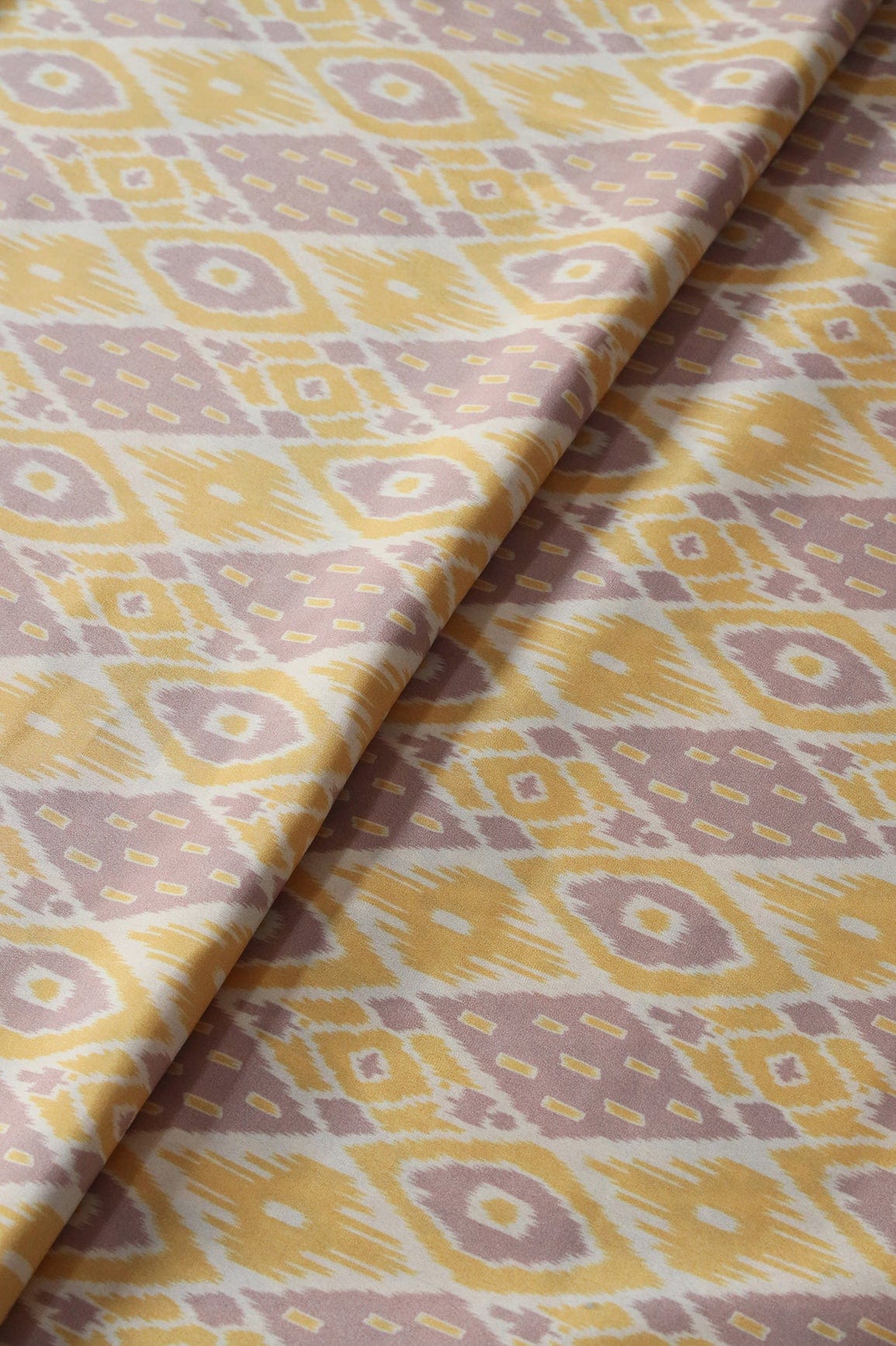 doeraa Prints Light Purple And Yellow Geometric Pattern Digital Print On French Crepe Fabric