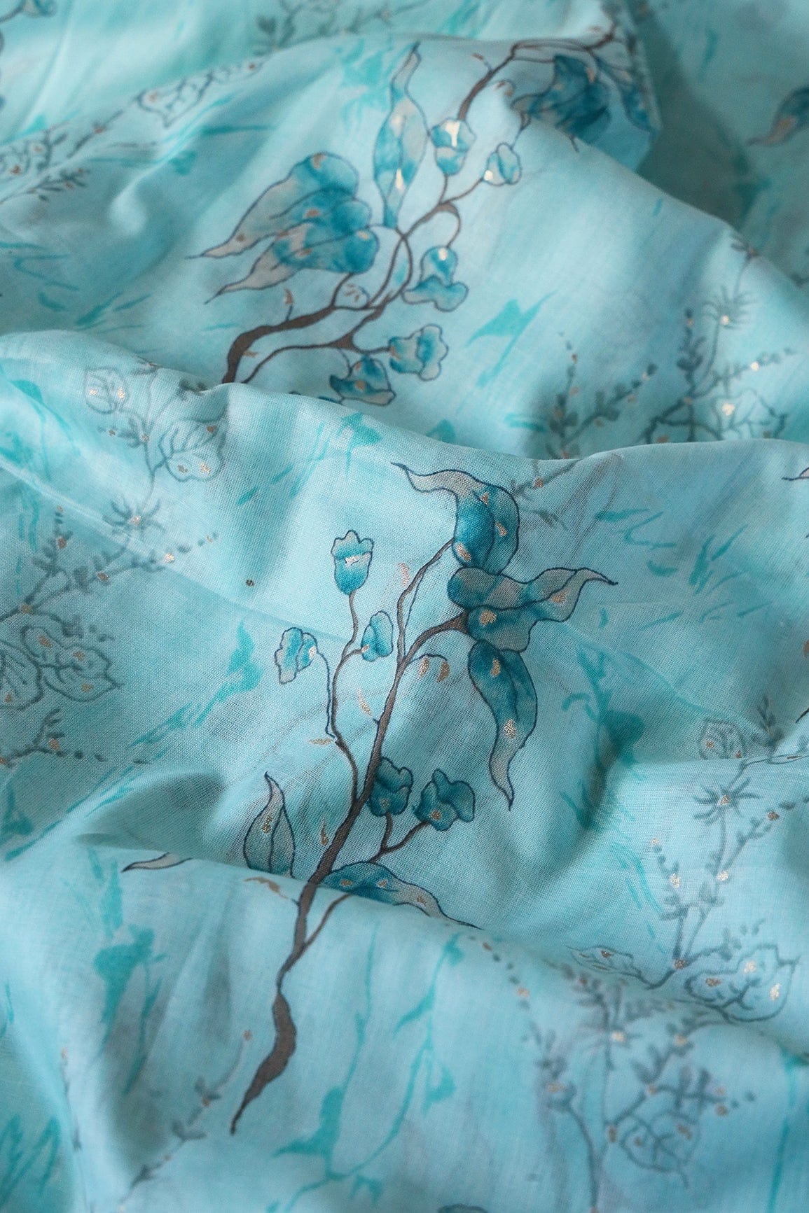 doeraa Prints Light Teal And Brown Foil Floral Print On Pure Mul Cotton Fabric