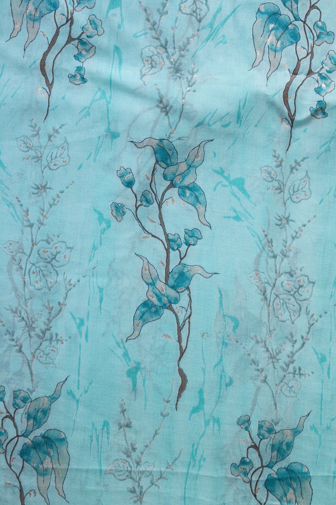 doeraa Prints Light Teal And Brown Foil Floral Print On Pure Mul Cotton Fabric