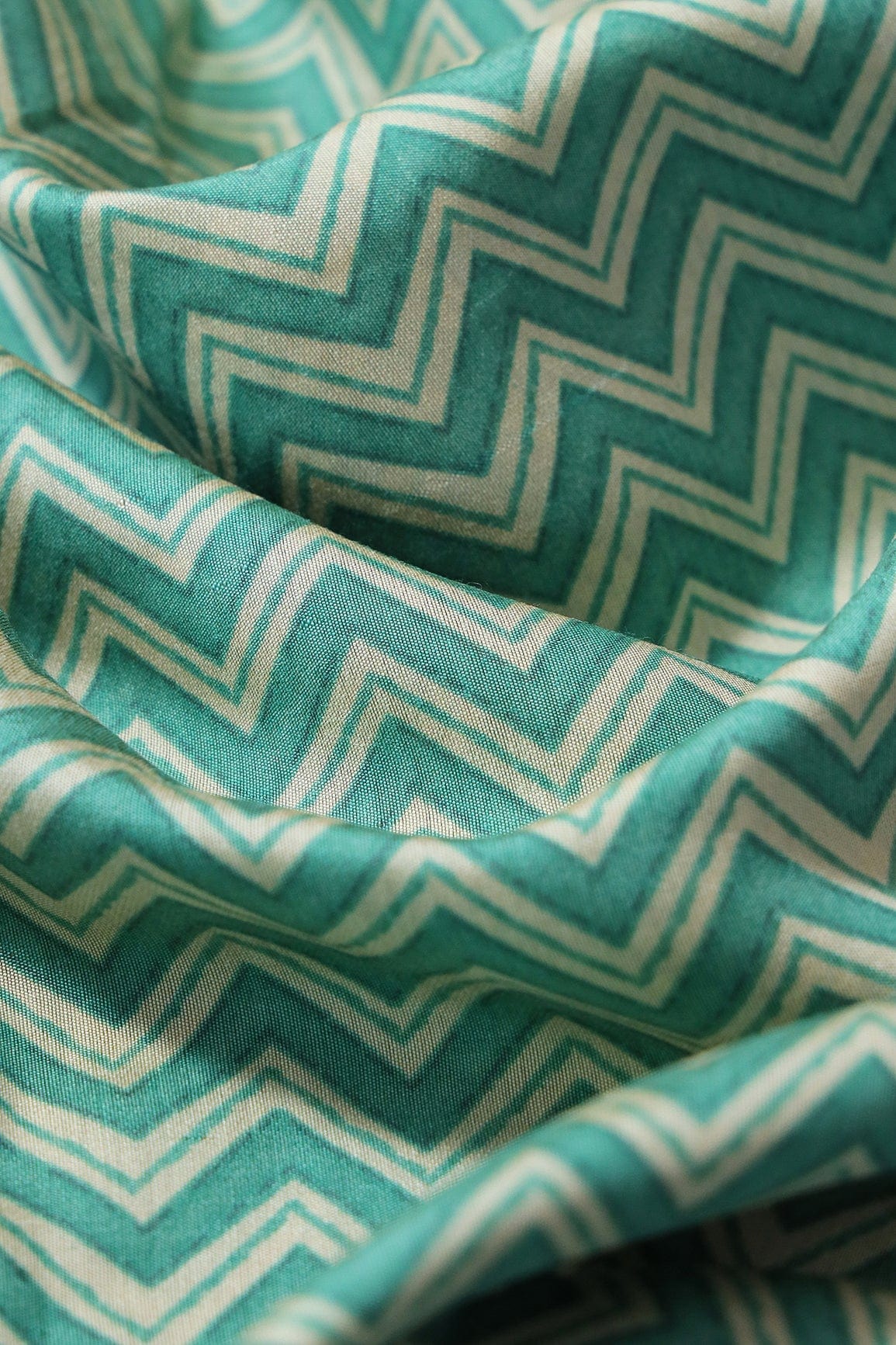 doeraa Prints Light Teal And Cream Chevron Print On Viscose Chanderi Silk Fabric