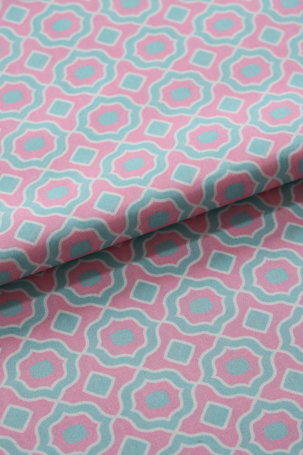 doeraa Prints Mint Green And Light Pink Geometric Pattern Digital Print On French Crepe Fabric