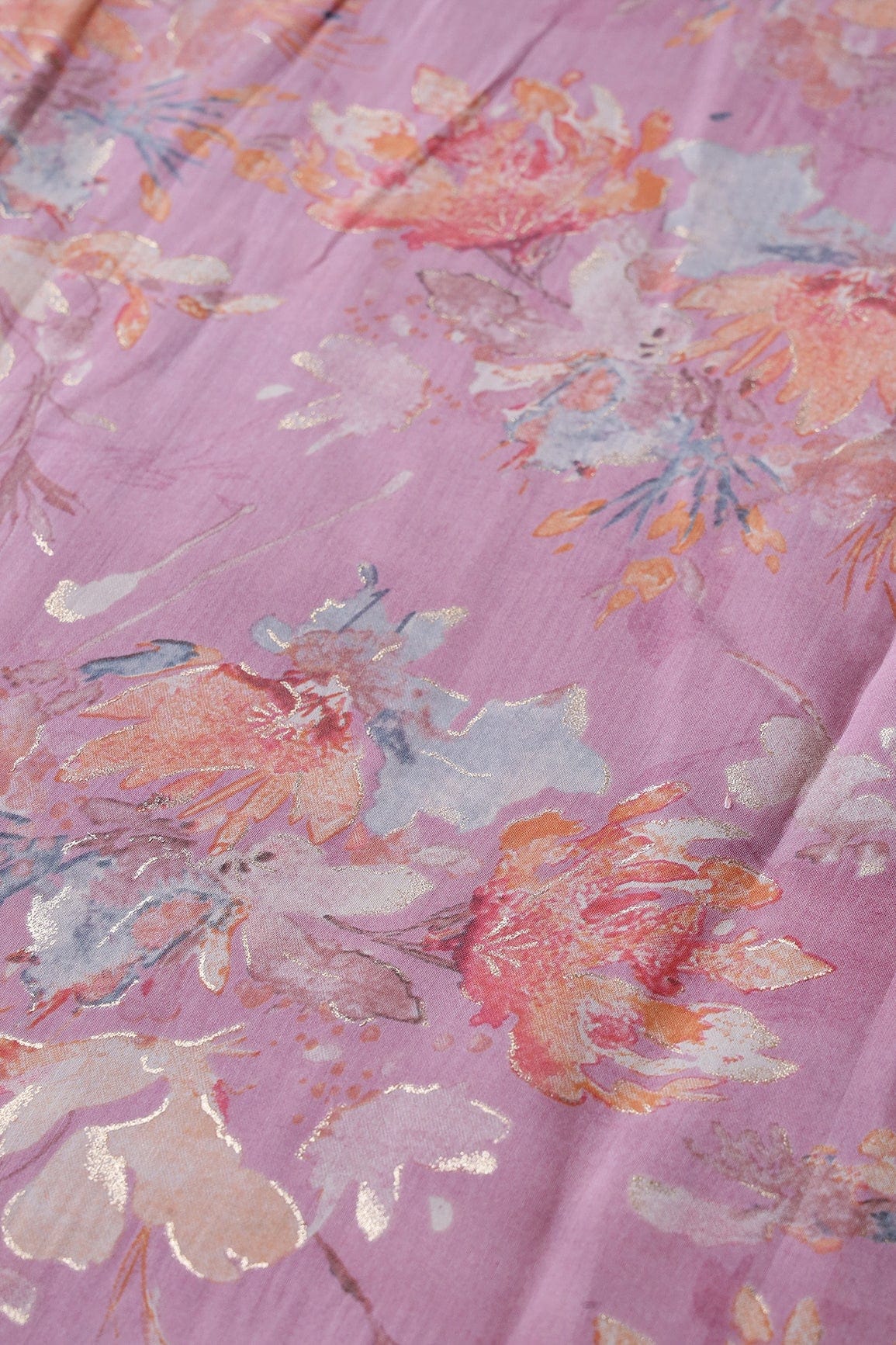 doeraa Prints Multi Color Floral Foil Print On Lavender Pink Viscose Chanderi Silk Fabric