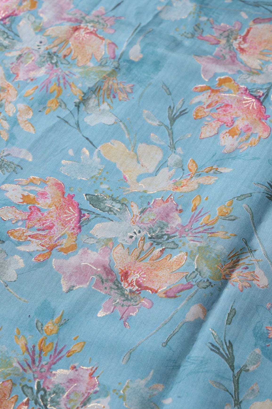 doeraa Prints Multi Color Floral Foil Print On Sky Blue Viscose Chanderi Silk Fabric