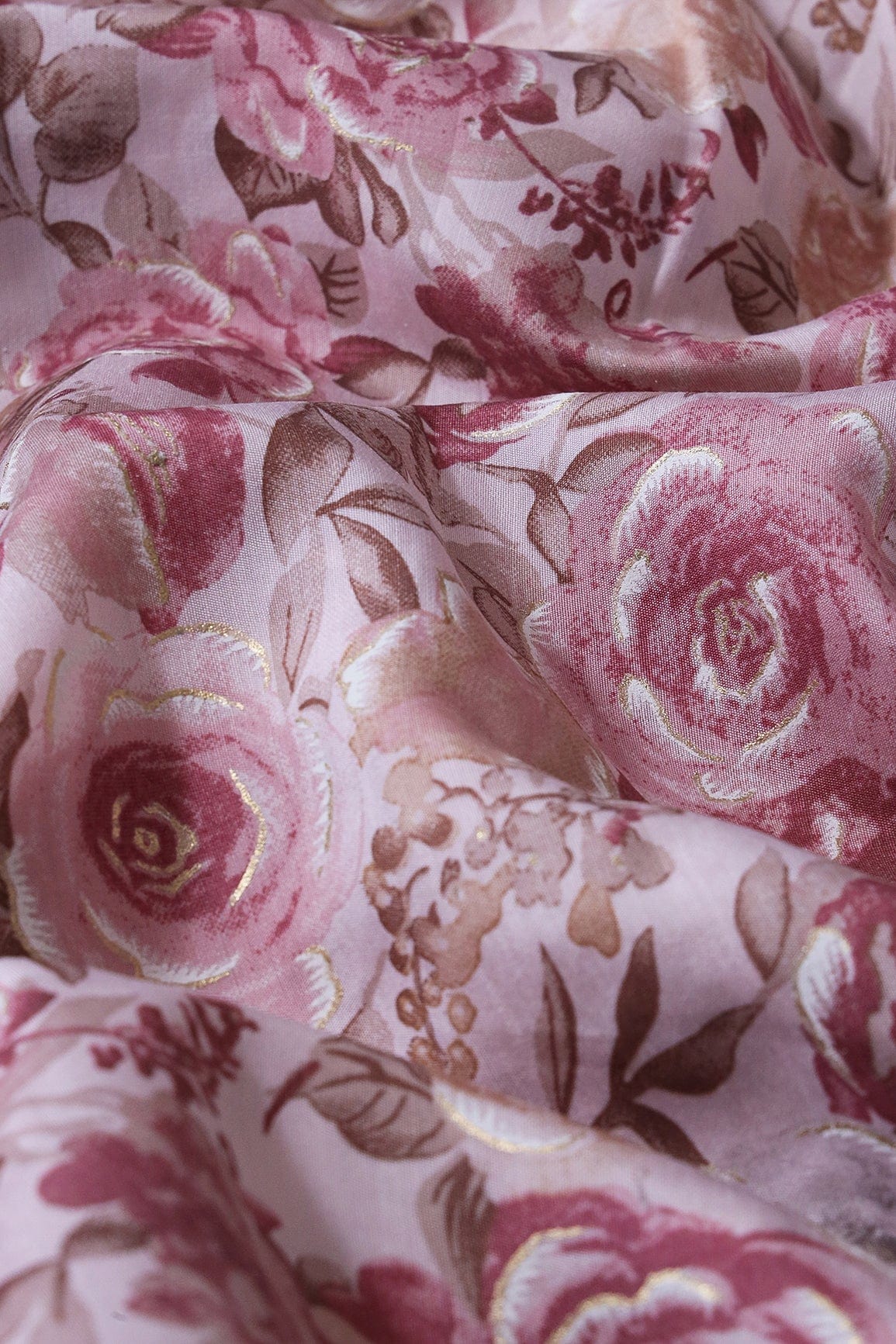 doeraa Prints Mystic Pink And Brown Floral Foil Print On Pastel Pink Viscose Chanderi Silk Fabric