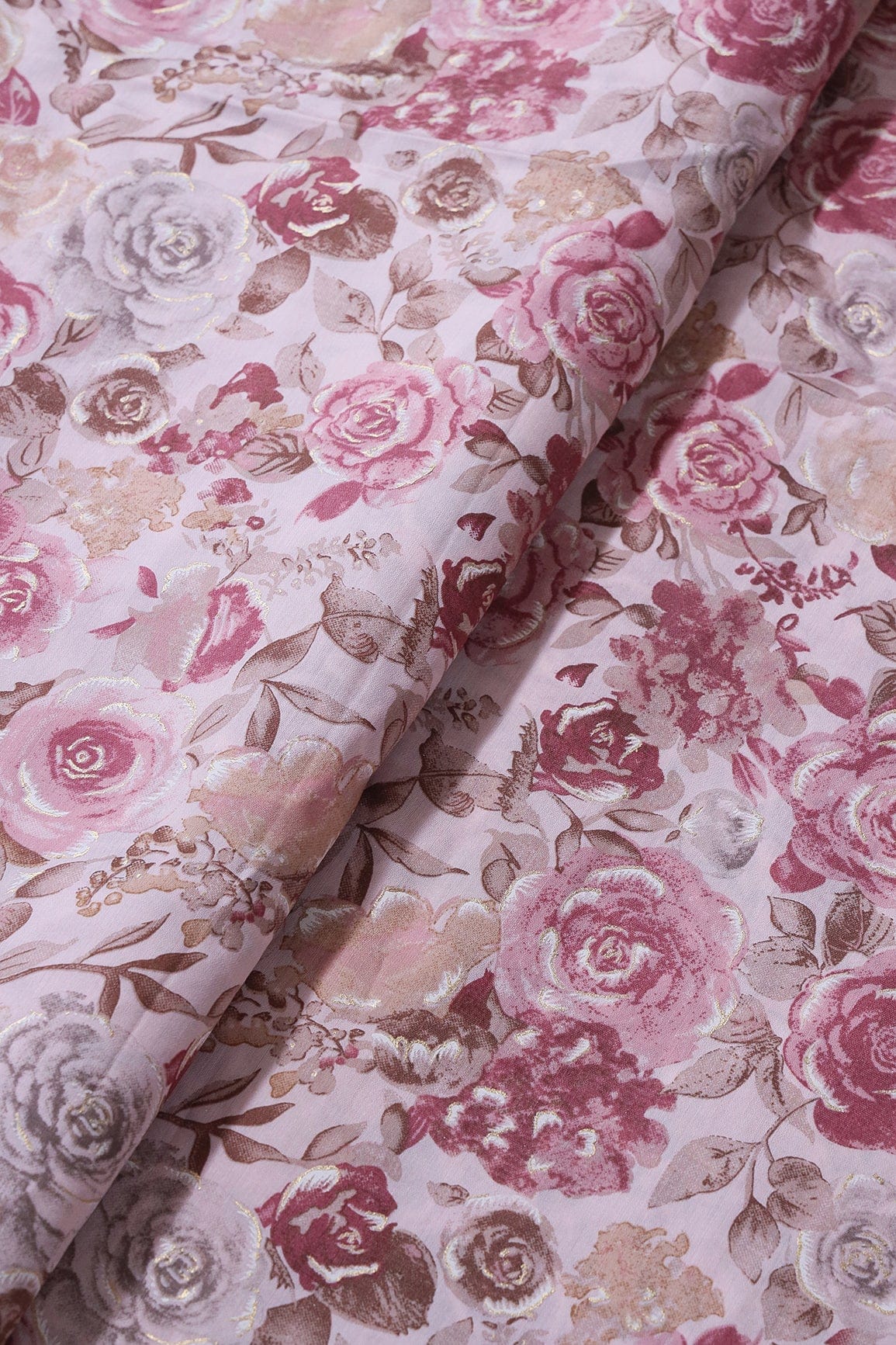 doeraa Prints Mystic Pink And Brown Floral Foil Print On Pastel Pink Viscose Chanderi Silk Fabric