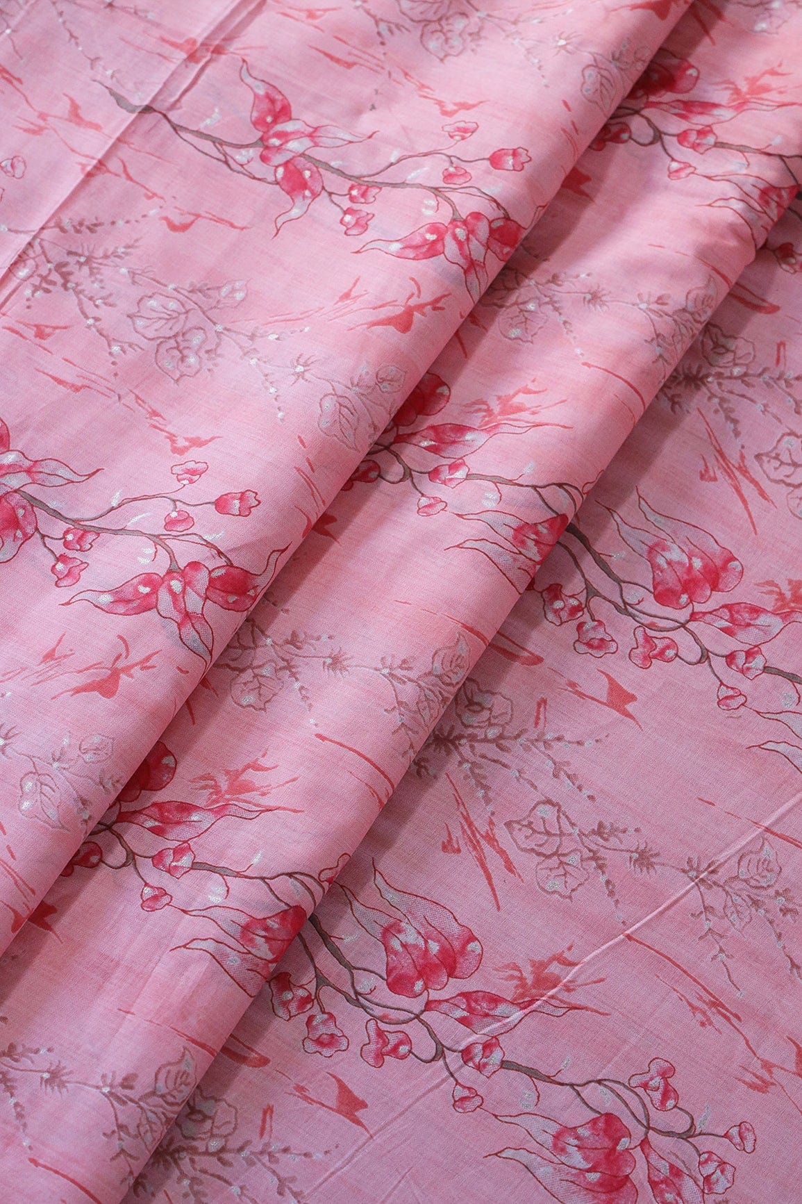 doeraa Prints Pastel Pink And Brown Foil Floral Print On Pure Mul Cotton Fabric