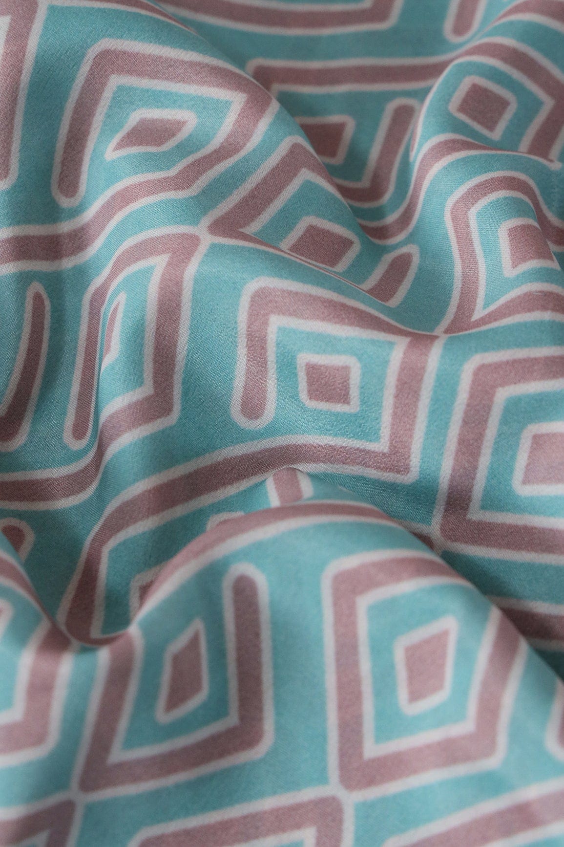 doeraa Prints Pastel Teal And Mauve Geometric Pattern Digital Print On French Crepe Fabric