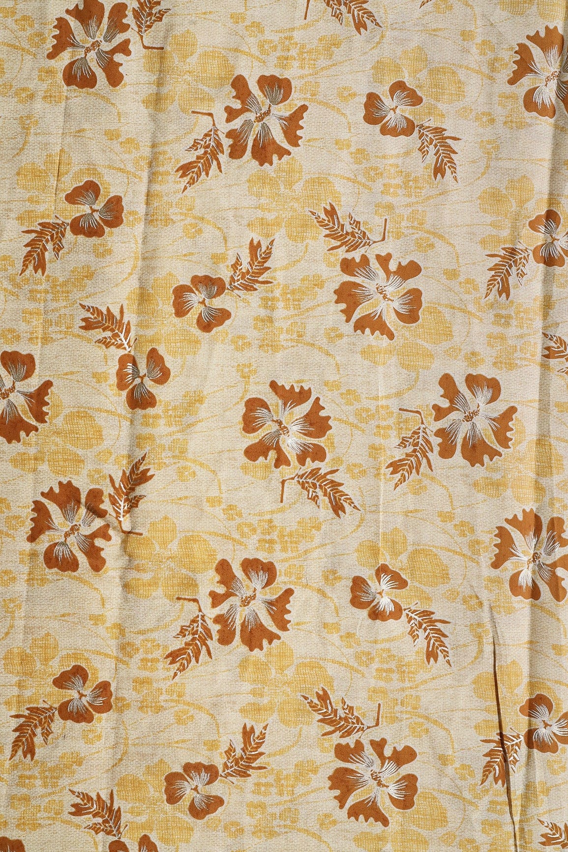 doeraa Prints Pastel Yellow And Light Brown Floral Foil Print On Viscose Chanderi Silk Fabric