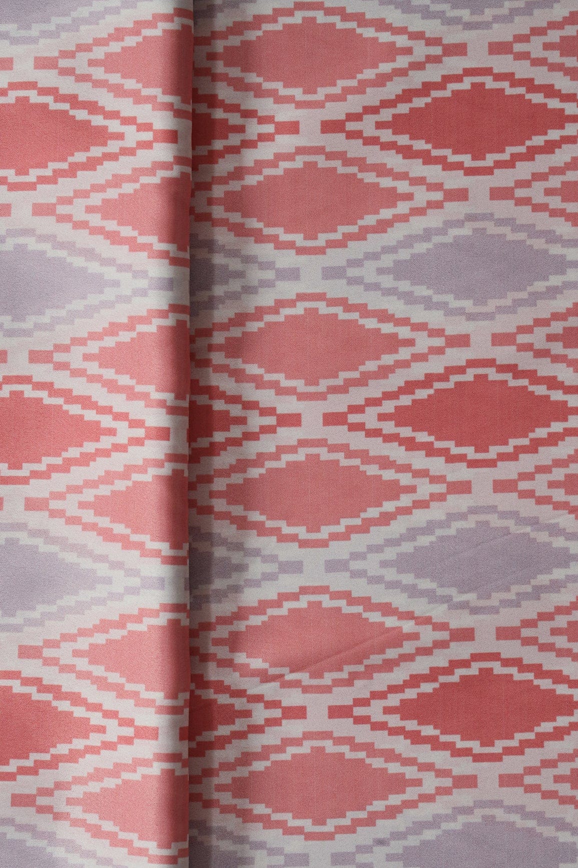 doeraa Prints Peach And Light Lavender Ikat Pattern Digital Print On French Crepe Fabric