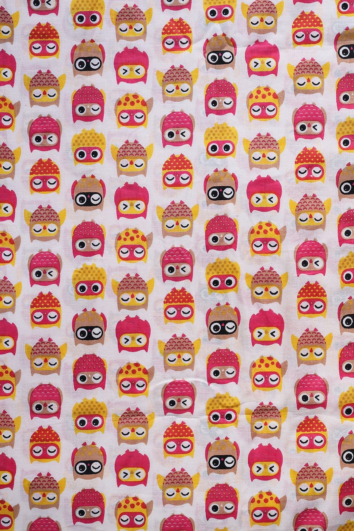 doeraa Prints Pink And Yellow Quirky Pattern Print On Off White Pure Cotton Fabric