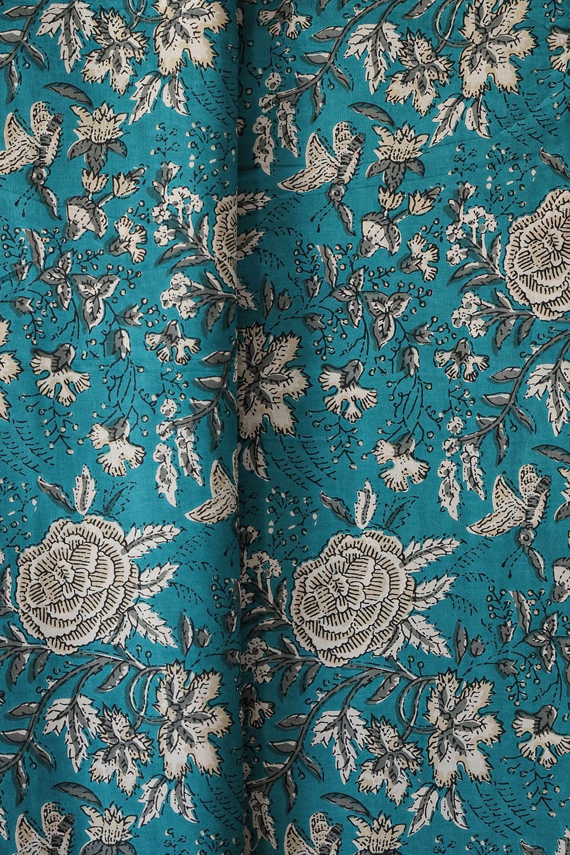 doeraa Prints Rama Blue And Beige Floral Print On Pure Cotton Fabric