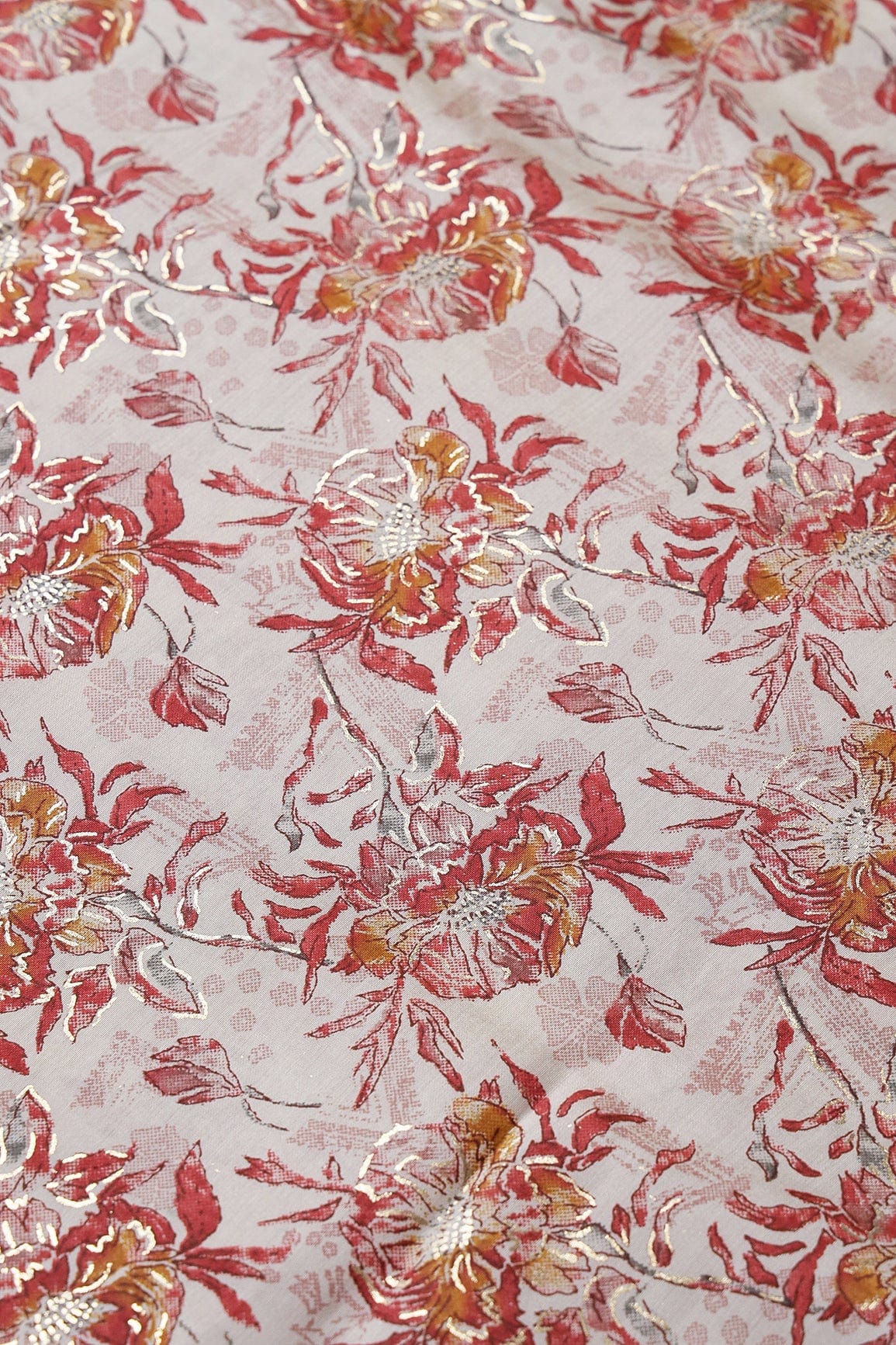 doeraa Prints Red And Mustard Floral Foil Print On Off White Pure Chanderi Silk Fabric