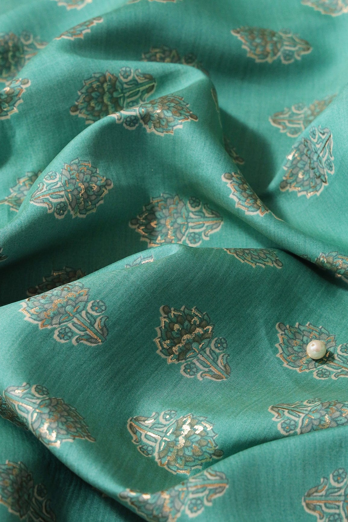 doeraa Prints Teal And Olive Floral Foil Print On Viscose Chanderi Silk Fabric