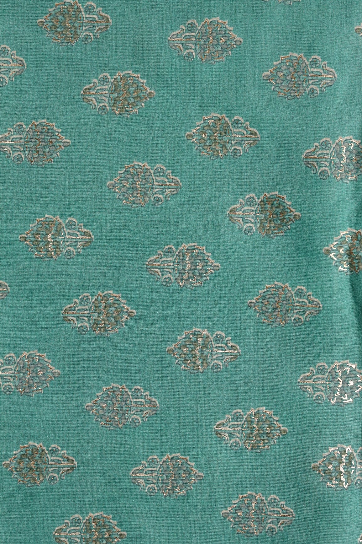 doeraa Prints Teal And Olive Floral Foil Print On Viscose Chanderi Silk Fabric