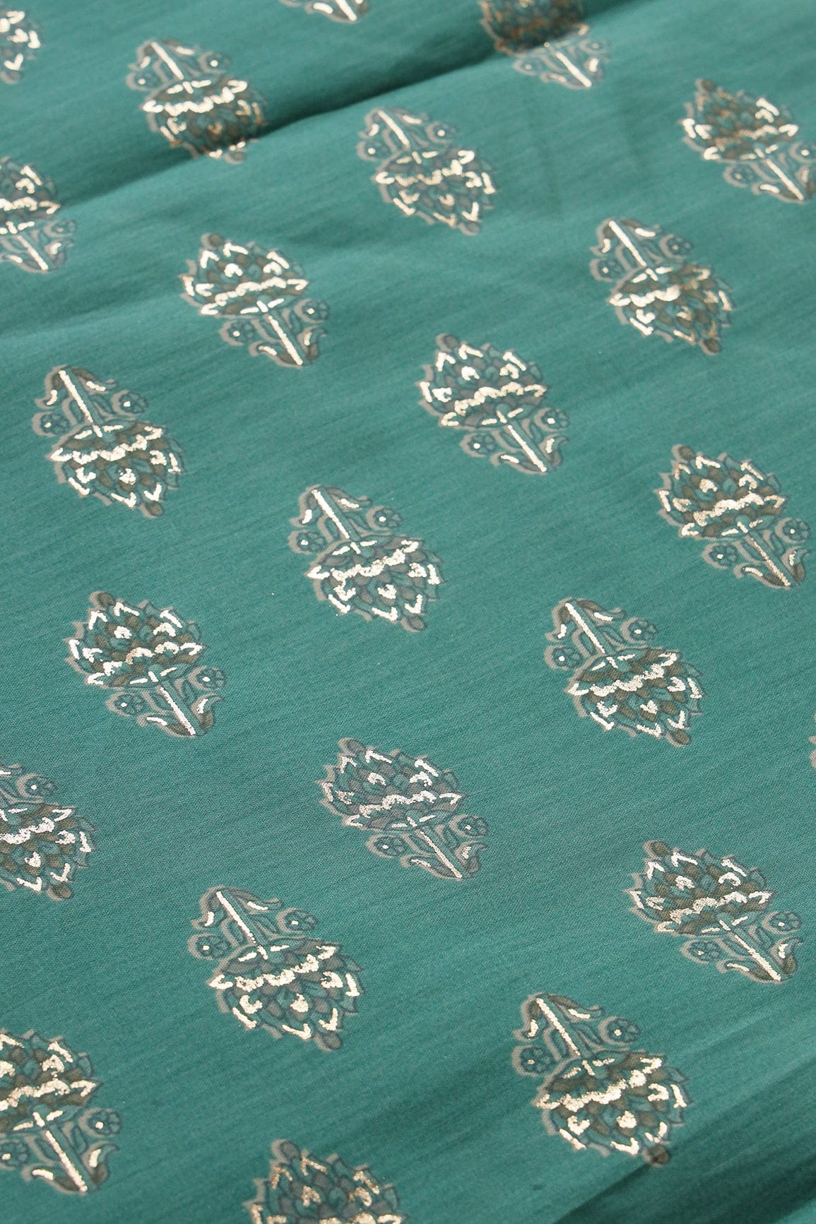 doeraa Prints Teal And Olive Floral Foil Print On Viscose Chanderi Silk Fabric