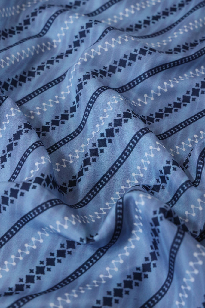doeraa Prints White And Dark Navy Blue Stripes Pattern Digital Print On Pastel Blue French Crepe Fabric