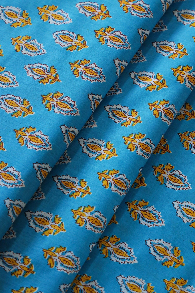 doeraa Prints Yellow And White Small Floral Booti Pattern Print On Blue Pure Cotton Fabric